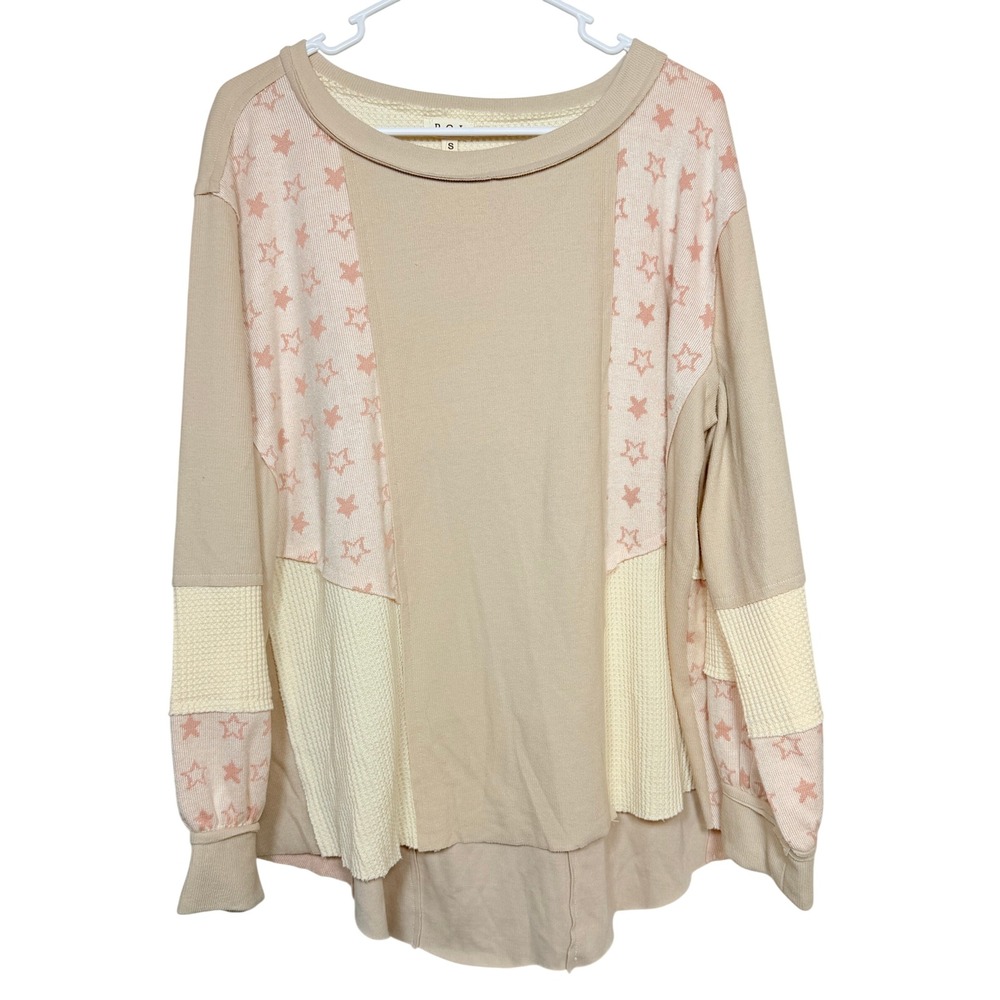 POL Womens Small Star Print Patchwork Top Beige Pink Boho Whimsical Waffle Knit